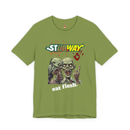 STUBWAY EAT FLESH Zombie Eating T-Shirt - Funny Subway Parody Horror Tee