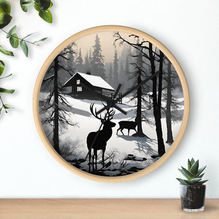 HUNTING CABIN Wall Clock - Winter Deer Scene Rustic Lodge Decor