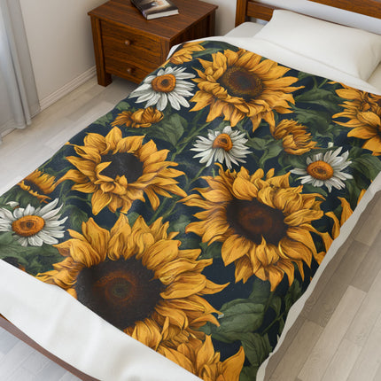 Sunflowers & Daisies Blanket, Spring or Summer Couch Plush Throw, Yellow and White Flower Bed Cover, Country Home Warm Bedroom Cozy Sheet