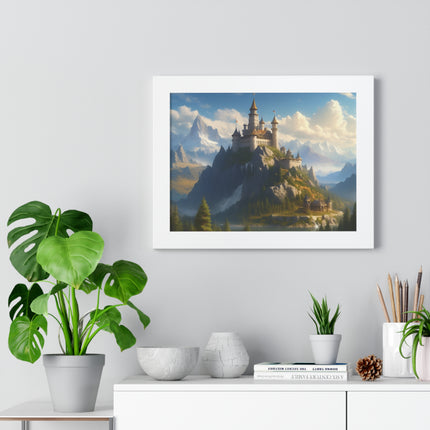 Video Game Fantasy Castle, RPG Valley Framed Poster, Mountain Nature Scene Picture, Open World Style Wall Hanging, Gamer Office Scenery