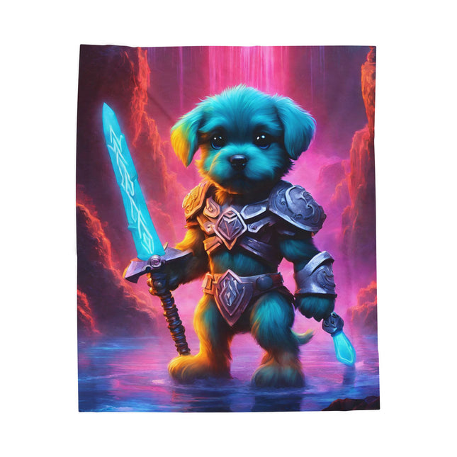 NEON SWORD WARRIOR PUPPY Blanket - Glowing Waterfall Cavern Armored Dog Plush Cover