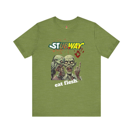 STUBWAY EAT FLESH Zombie Eating T-Shirt - Funny Subway Parody Horror Tee