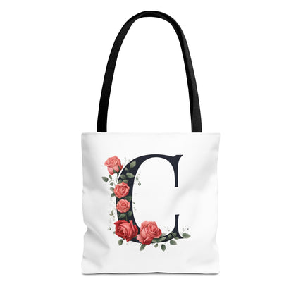 Custom Letter Personalized Tote | Rose Flowered Grocery Travel Bag | Floral Print Roses Office Laptop & Books or Exercise Overnight Carrier