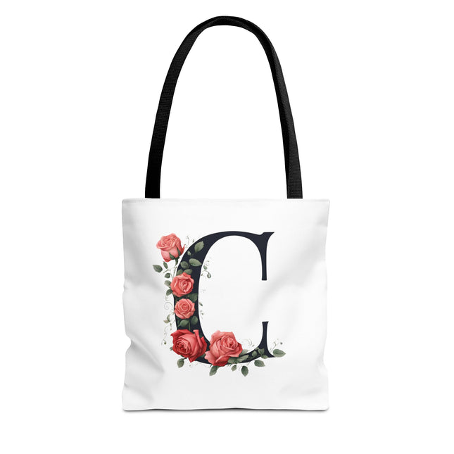 Custom Letter Personalized Tote | Rose Flowered Grocery Travel Bag | Floral Print Roses Office Laptop & Books or Exercise Overnight Carrier