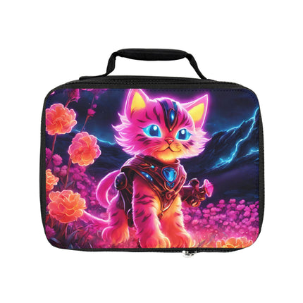 Neon Glowing Warrior Cat Lunch Bag Box, Girls Lush Flower Field Feline School Tote, Armored Kitten with Sword Insulated Bag