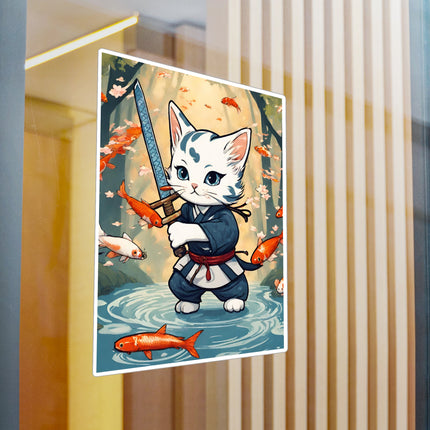 Samurai Warrior Cat Stickers, Floating Koi Fish Sword Kitten Vinyl Decals, Japanese Ninja Feline River Bed Satin Stickers