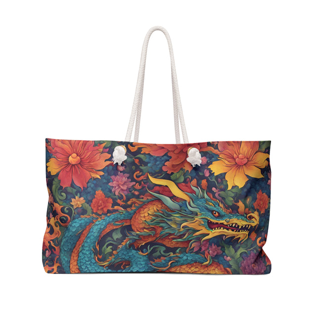 Custom Weekender | Japanese Dragon Travel Bag | Flowered Floral Serpent Japan Style Cruise Airplane & Hotel Road Trip Overnight Carrier