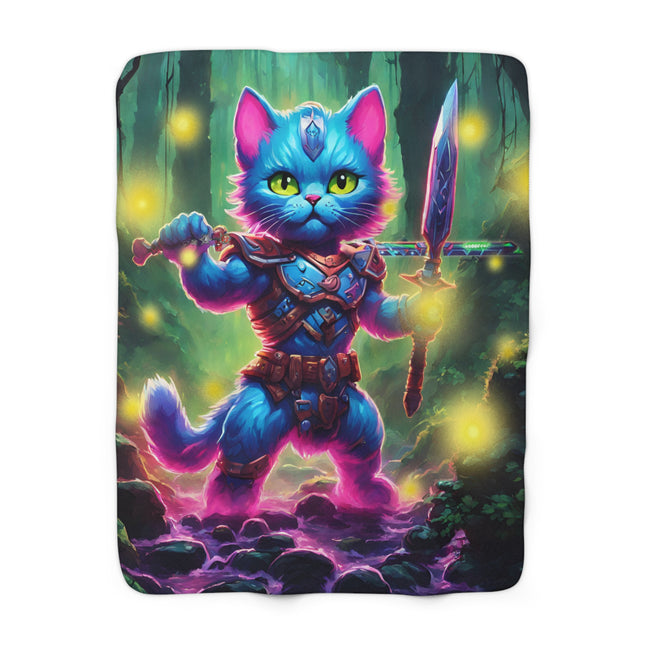 Warrior Cat Blanket, Cat Lovers Gift, Glowing Firefly, Neon Kitten, Plush Sherpa, Night Forest, Fleece, Armored Sword, Kitty Bed Cover Throw