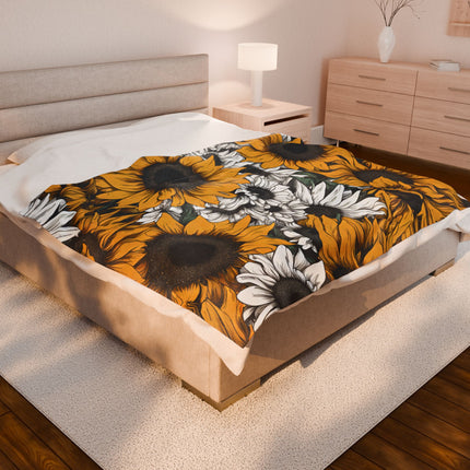 Sunflower Pattern Blanket, Spring or Summer Couch Plush Throw, Yellow and White Flower Bed Cover, Country Home Warm Bedroom Cozy Sheet