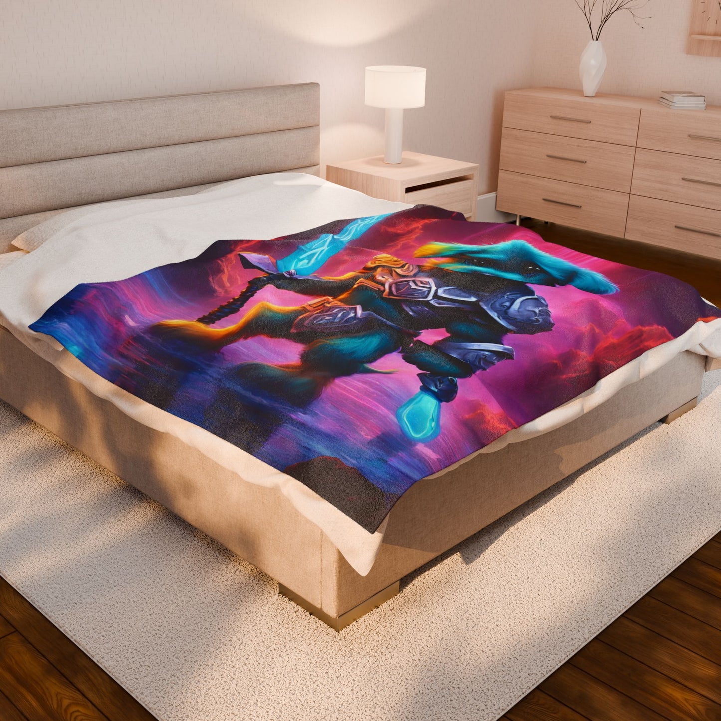 Warrior Puppy Blanket, Waterfall Dog Plush Throw Blanket, Neon Sword Seeker, Armored Pup Bed Cover, Glowing Cave Bedroom Twin Cover