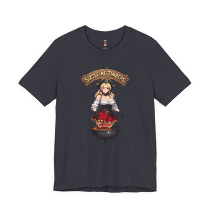 SIZZLE ME TIMBERS T-Shirt Provocative Seductive Sexy Pirate Cartoon Tee