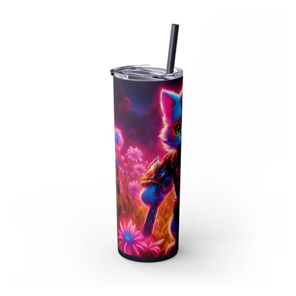 COSMIC BLUE WARRIOR CAT Skinny Tumbler - Neon Flower Field Armored Kitten Cup