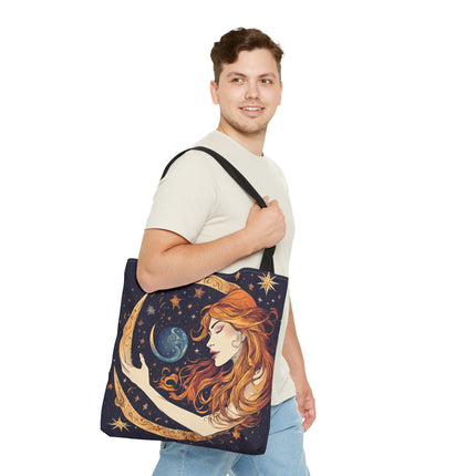 Moon Shaping Goddess Tote | Lunar Stars & Space Astronomy Grocery Bag | Woman Morphing Home Office Laptop Clothing Travel Overnight Gift