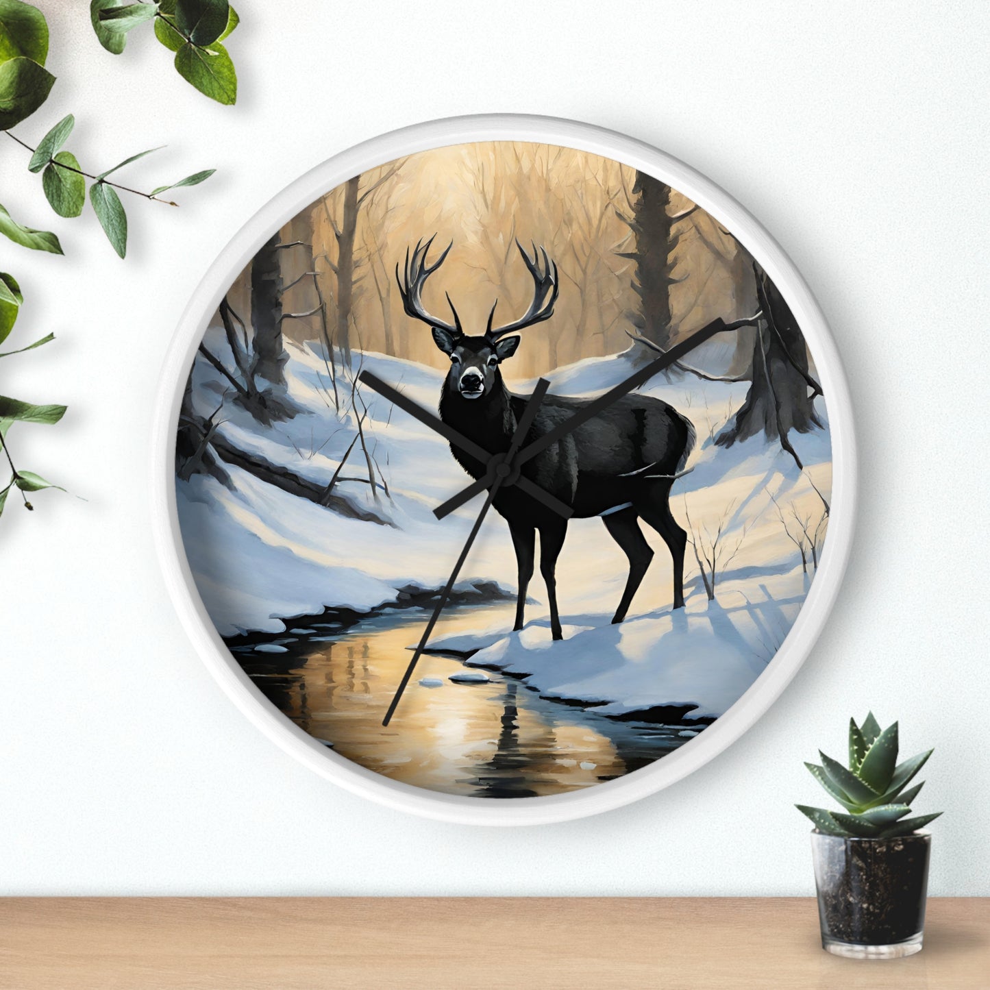 Big Buck Deer Wall Art Clock | Winter Nature Scene Snowy Creek Wall Hanging | Home Office Deer Hunter Lovers Gift