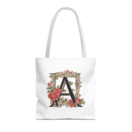 Custom Letter Personalized Tote | Rose Flowered Grocery Travel Bag | Floral Print Roses Office Laptop & Books or Exercise Overnight Carrier