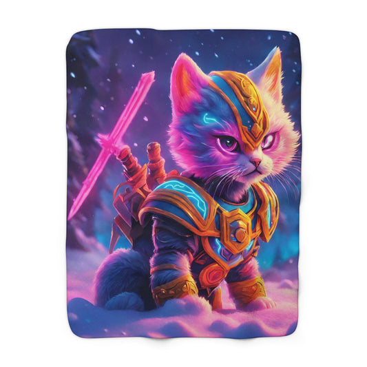 Warrior Cat Blanket, Glowing Kitten Plush Sherpa Blanket, Neon Sword Fleece, Armored Kitty Bed Cover, Winter Fantasy Couch Cover