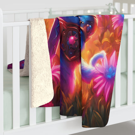 Neon Glowing Warrior Cat Blanket, Lush Flower Field Feline, Armored Kitten with Sword Plush Fleece Couch Sherpa, Kids Night Time Bed Cover