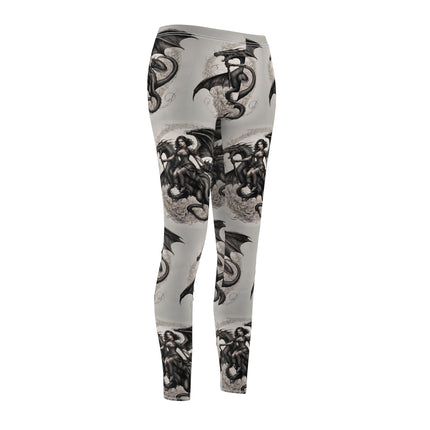 Women's Goth Medieval Dragon Casual Leggings, Reptile Riding Beauty Elastic Bottoms, Tight Black and Beige Cream Pants