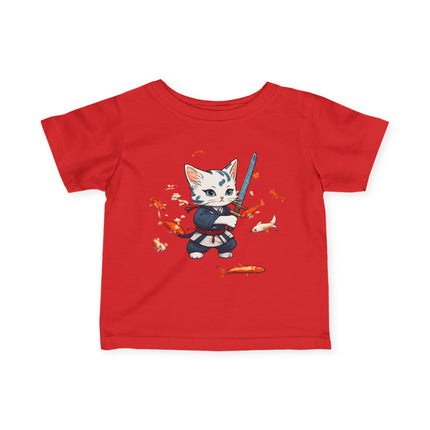 Samurai Kitten Infant Gift Shirt, Warrior Cat Japanese Koi Fish Tee, Cute Kitty Floating Mystical Fish Short Sleeve Baby Tshirt