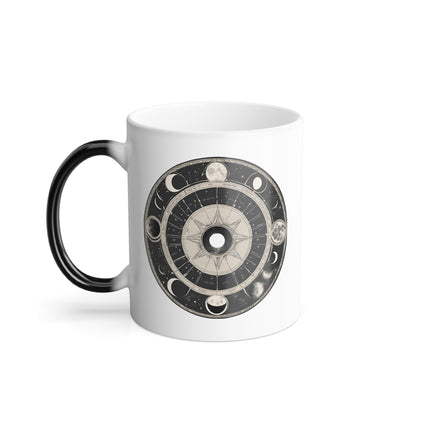 Moon Wheel Color Changing Mug, Year Cycle Moon Phases Coffee Cup, Astrology, Eclipse, Star, Galaxy Black to White Revealing Mug