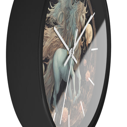 Majestic Myths Art Clock | Floral Flower Night Field Horned Horse Wall Hanging | Mystical Moon Fantasy Home Office Decor Gift