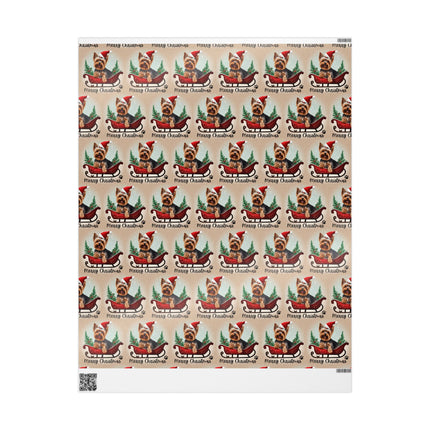 Dog Christmas Wrapping Paper, Yorkshire Terrier Sled Xmas Wrap, Santa Hat Yorkie Gift Wrap, Holiday Gift Wrap Roll