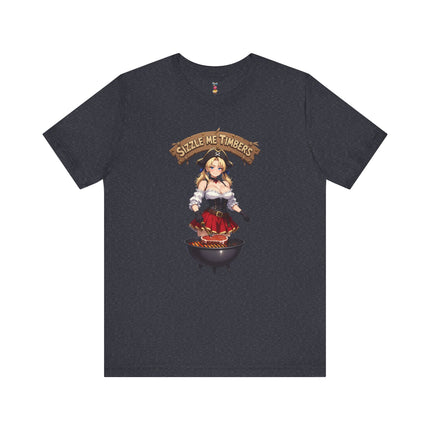 SIZZLE ME TIMBERS T-Shirt Provocative Seductive Sexy Pirate Cartoon Tee