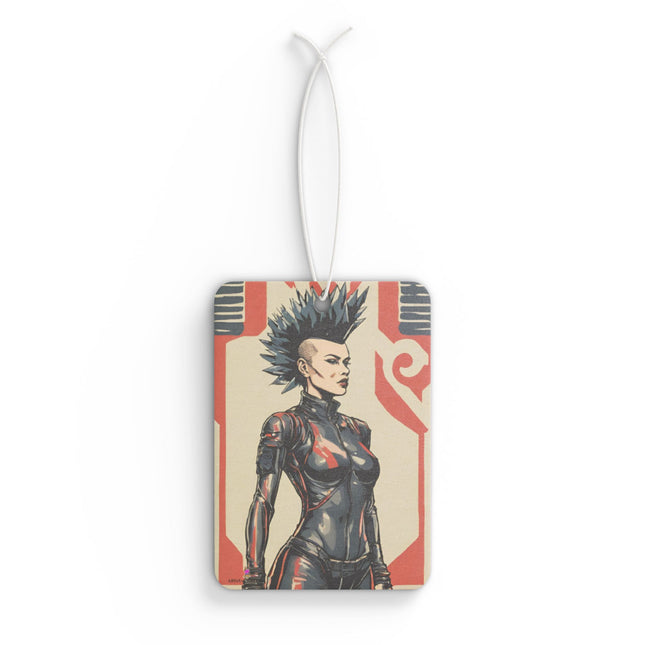 Futuristic Rebel Mohawk Girl Car Air Freshener, Leather Clad Sexy Woman Scented Gift, Neo Future Cyber Punk Outlaw Truck Auto Accessory