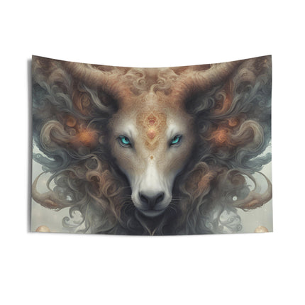 Majestic Myths Wall Art Decor | Blue Eyed Horned Mane Goat Tapestry |  Mystical Fantasy Game Room Hanging | Mythological Bed Room Gift