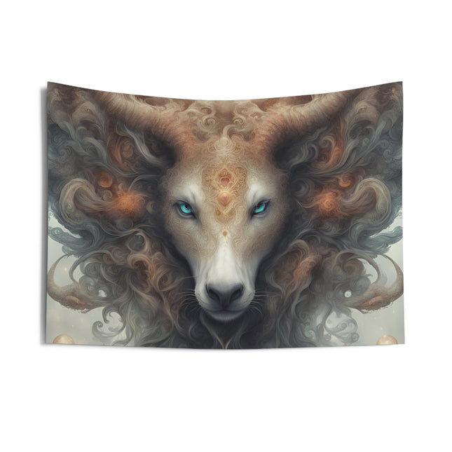 Majestic Myths Wall Art Decor | Blue Eyed Horned Mane Goat Tapestry |  Mystical Fantasy Game Room Hanging | Mythological Bed Room Gift