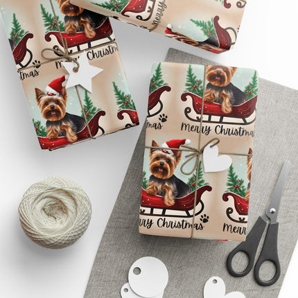 Dog Christmas Wrapping Paper, Yorkshire Terrier Sled Xmas Wrap, Santa Hat Yorkie Gift Wrap, Holiday Gift Wrap Roll