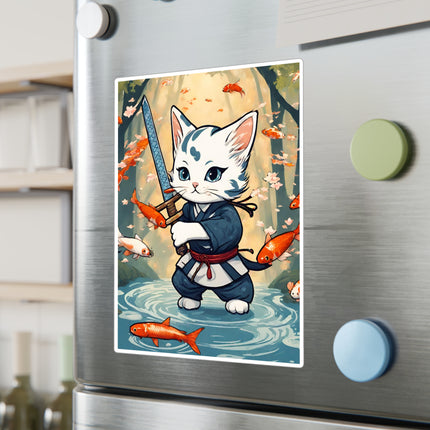 Samurai Warrior Cat Stickers, Floating Koi Fish Sword Kitten Vinyl Decals, Japanese Ninja Feline River Bed Satin Stickers