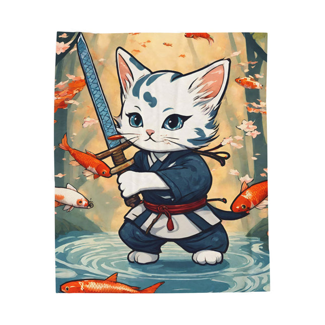SAMURAI WARRIOR CAT Blanket - Floating Koi Sword Kitten Ninja Feline Couch Throw
