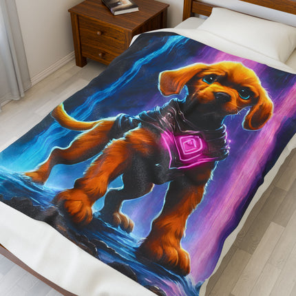 COSMIC NEON ARMORED WARRIOR PUPPY Blanket - Glowing Waterfall Cave Dog Plush Bed Cover