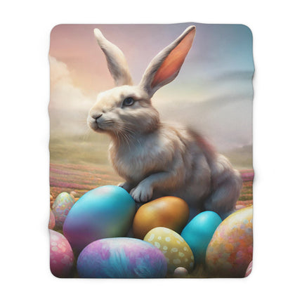 Easter Gift, Bunny Blanket, Fantasy Art, Rabbit Cover, Colored Egg Fleece, Flower Field, Warm Throw, Peter Cottontail, Warm Cozy Sherpa