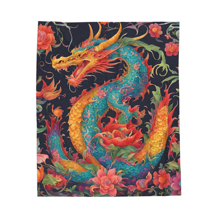 FLOWERED JAPANESE DRAGON BLANKET - Floral Asian Art Plush Throw