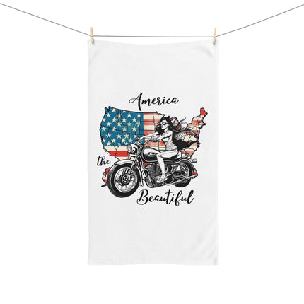 4th of July Cookout American Flag BBQ Hand Towel, Independence Day America the Beautiful Towel, Biker Girl Motorcycle Hand Accessory