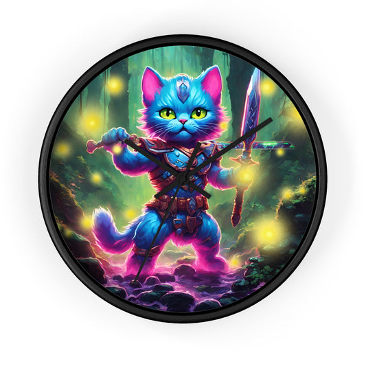 Warrior Cat Wall Art Clock | Firefly Forest Creek Watercolor Style Wall Hanging | Neon Glowing 80's Cartoon Inspired Wall Decor Gift