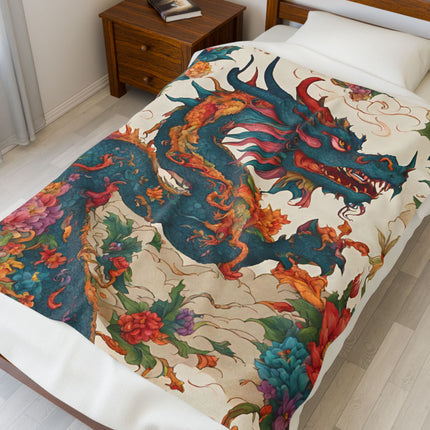 FLORAL JAPANESE DRAGON Blanket - Asian Flower Serpent Plush Throw