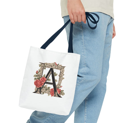 Custom Letter Personalized Tote | Rose Flowered Grocery Travel Bag | Floral Print Roses Office Laptop & Books or Exercise Overnight Carrier