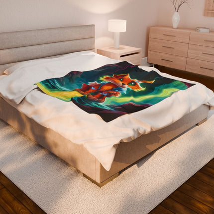 Crystal Fox Guardian Kids Blanket, Glowing Waterfall Cave Plush Throw Cover, Neon Mystic Cavern, Armored Fox Bedroom Twin Cover