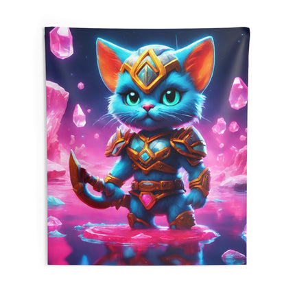 Warrior Cat Crystal Art Tapestry, Blue Armored Kitten Water Cavern Wall Hanging, Pink Glowing Stone Cave Mystical Bed & Game Room Gift