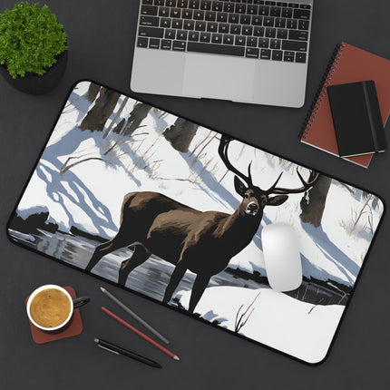 Deer Hunter Desktop Mat | Winter Creek Big Buck Art Work Space | Snowy Nature Scene Mouse Pad Mat | Hunting Lovers Home Office Gift