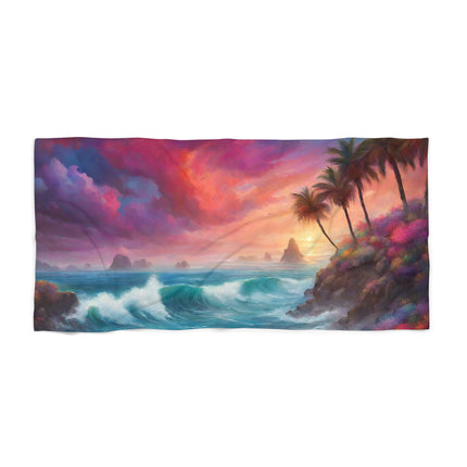 Majestic Sky Hidden Island Seashore Beach Towel | Mystic Ocean Getaway Swimming Pool Blanket | Poolside Sand & Water Deck Tanning Sunbather