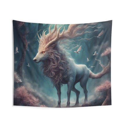 Majestic Myths Wall Art Decor | Horned Goat Horse Tapestry | Floral Bird Forest Fantasy Game Room Hanging | Mythological Bed Room Gift
