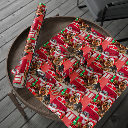 Dog Christmas Wrapping Paper Yorkshire Terrier, Santa Hat Yorkie Gift Wrap, Holiday Gift Wrap Roll