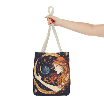 Moon Shaping Goddess Tote | Lunar Stars & Space Astronomy Grocery Bag | Woman Morphing Home Office Laptop Clothing Travel Overnight Gift