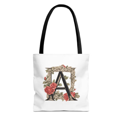 Custom Letter Personalized Tote | Rose Flowered Grocery Travel Bag | Floral Print Roses Office Laptop & Books or Exercise Overnight Carrier