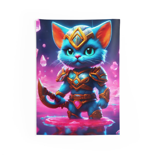 Warrior Cat Crystal Art Tapestry, Blue Armored Kitten Water Cavern Wall Hanging, Pink Glowing Stone Cave Mystical Bed & Game Room Gift