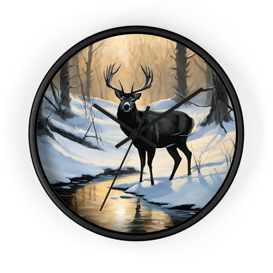 Big Buck Deer Wall Art Clock | Winter Nature Scene Snowy Creek Wall Hanging | Home Office Deer Hunter Lovers Gift